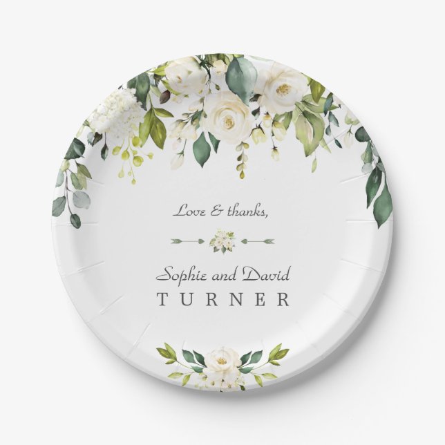 Watercolor White Flowers Green Foliage Wedding Paper Plate (Front)