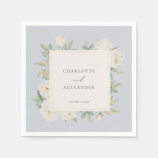 Watercolor white flowers, light blue wedding  napkin (Front)