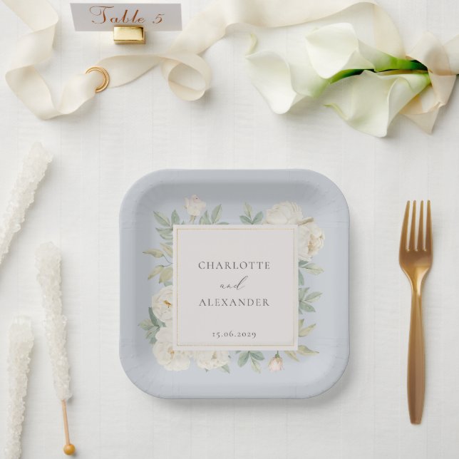 Watercolor white flowers, light blue wedding  paper plate (Wedding)