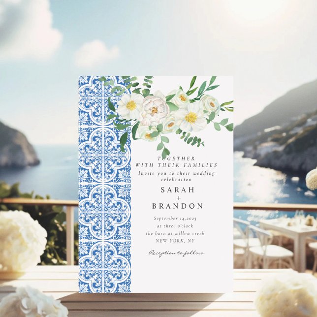 Watercolor White Flowers Mediterranean Wedding Invitation (Creator Uploaded)