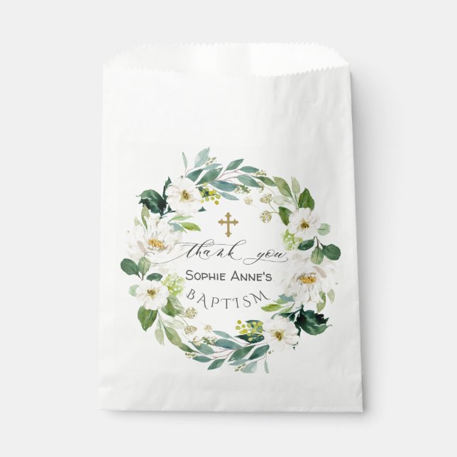Watercolor White Flowers Wreath Cross Baptism Favour Bags (Front)