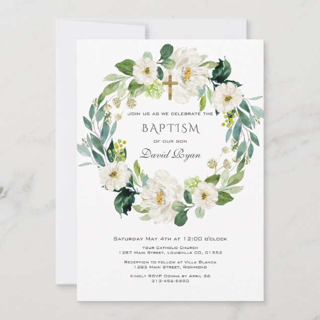 Watercolor White Flowers Wreath Cross Baptism Invitation (Front)