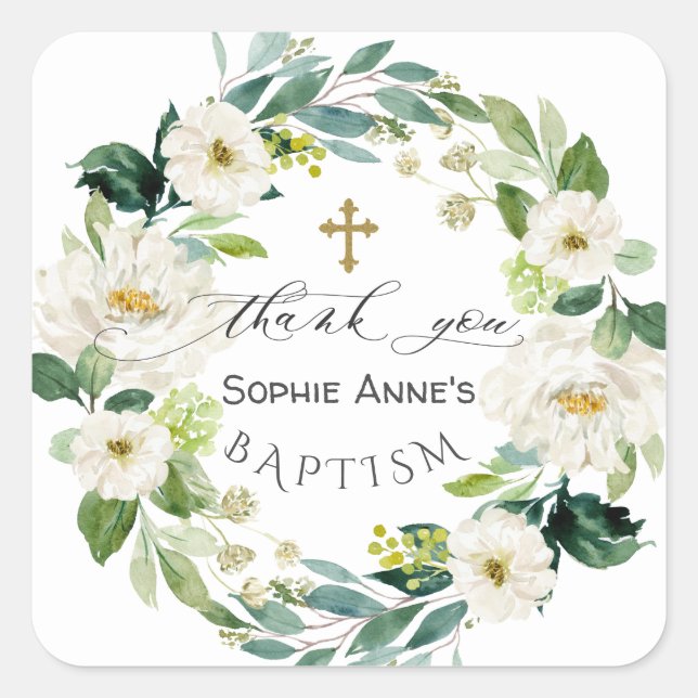 Watercolor White Flowers Wreath Cross Baptism    Square Sticker (Front)