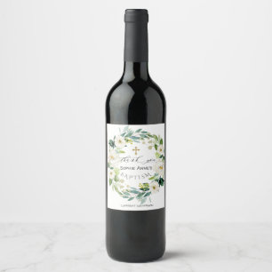 Watercolor White Flowers Wreath Cross Baptism  Wine Label