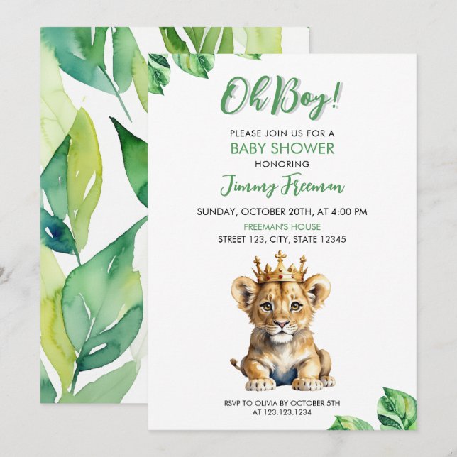 Watercolor White & Green Cute Lion Baby Shower Invitation (Front/Back)