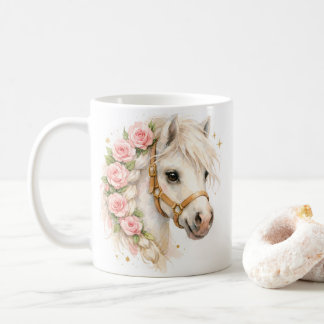Watercolor White Horse Ceramic Mug with Rose‑Braid