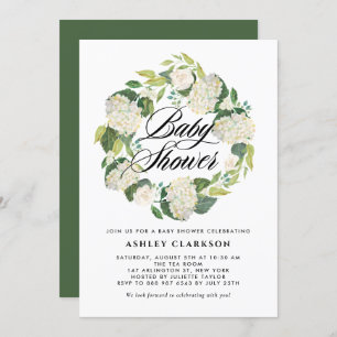 Watercolor White Hydrangea Wreath Baby Shower Invitation