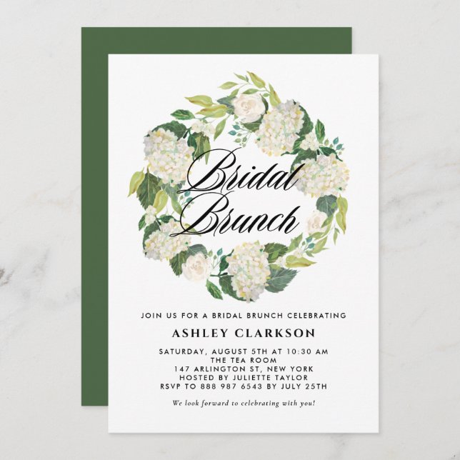 Watercolor White Hydrangea Wreath Bridal Brunch Invitation (Front/Back)