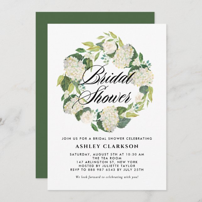 Watercolor White Hydrangea Wreath Bridal Shower Invitation (Front/Back)