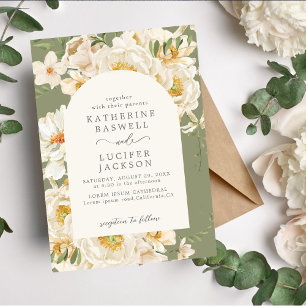 Watercolor white ivory floral Sage green Wedding Invitation