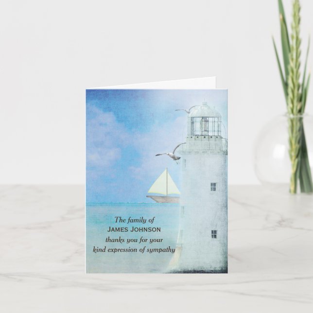Watercolor White Lighthouse for Sympathy Thank You Card (Front)