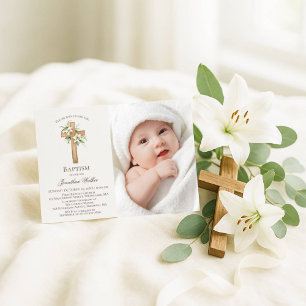 Watercolor White Lily Floral Baptism Photo Invitation