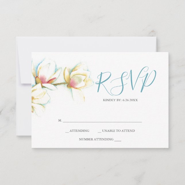 Watercolor White Magnolia Flower Reply RSVP Cards (Front)