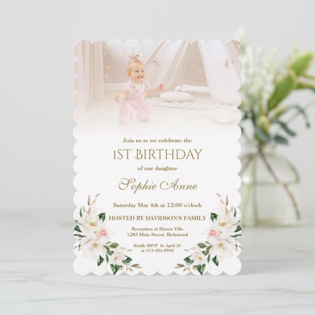 Watercolor White Magnolia Photo Girl 1st Birthday  Invitation (Standing Front)