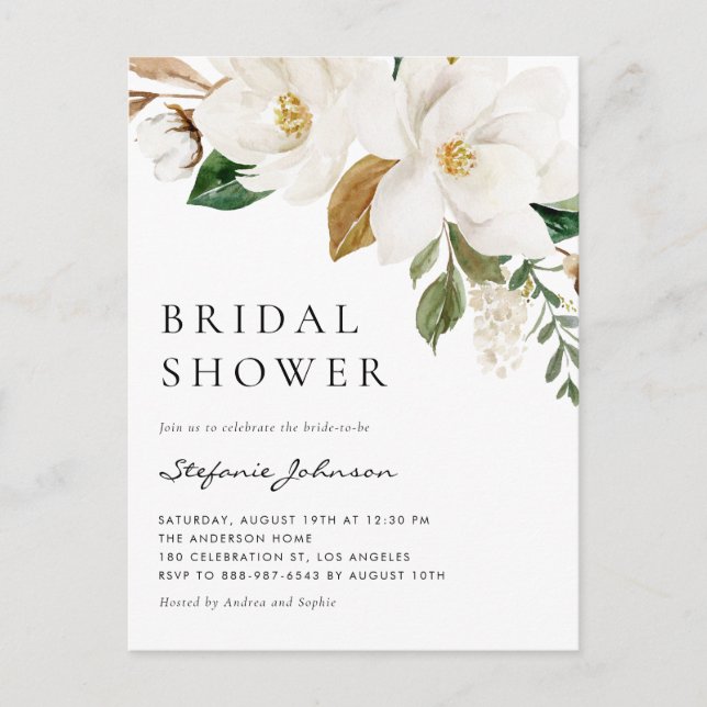 Watercolor White Magnolia Rustic Bridal Shower Invitation Postcard (Front)