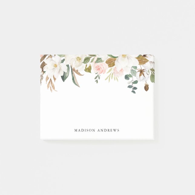 Watercolor White Magnolias & Blush Floral Post-it Notes (Front)