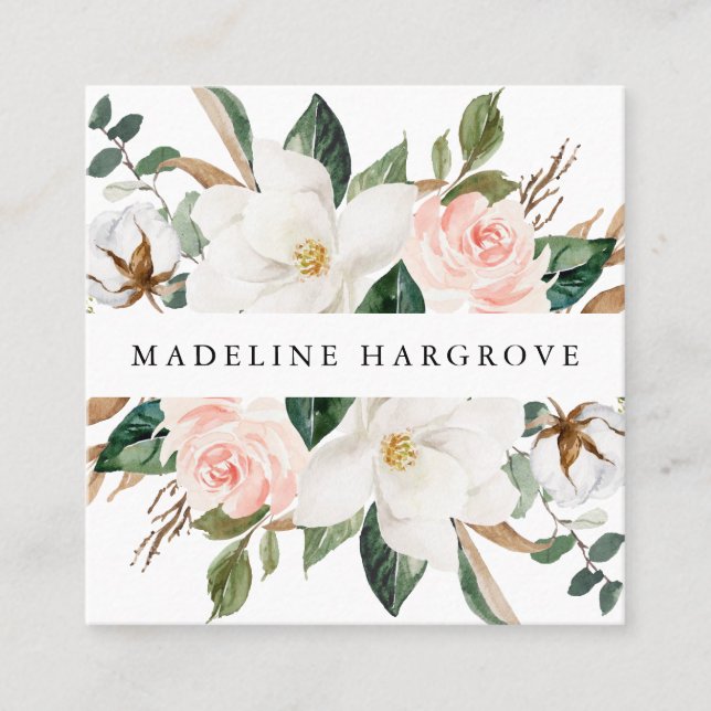 Watercolor White Magnolias & Blush Floral Square Business Card (Front)