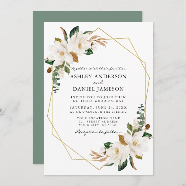Watercolor White Magnolias Geo Wedding Sage Green Invitation (Front/Back)