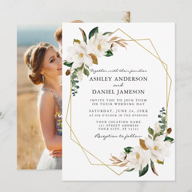 Watercolor White Magnolias Gold Photo Wedding Invitation (Front/Back)