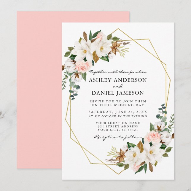 Watercolor White Magnolias Pink Roses Gold Wedding Invitation (Front/Back)
