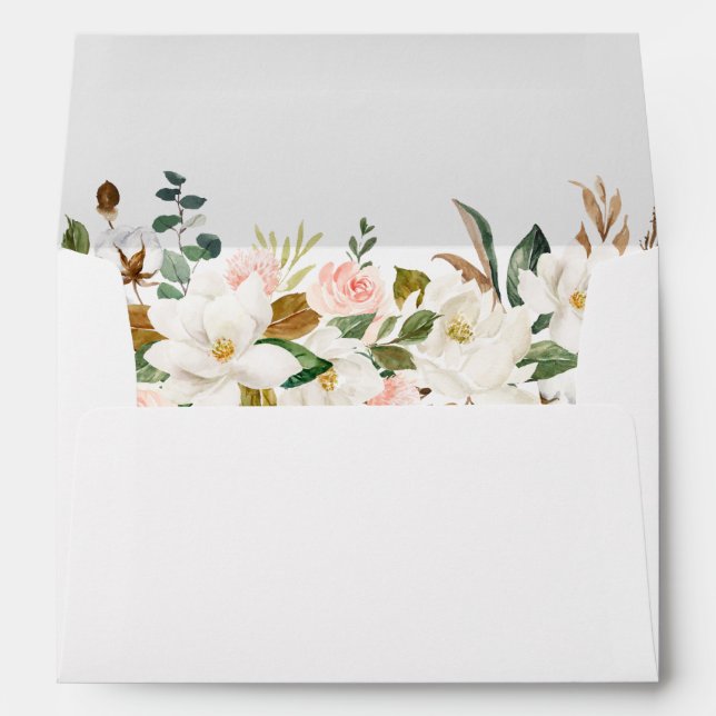Watercolor White Magnolias Pink Roses Wedding Envelope (Back (Bottom))