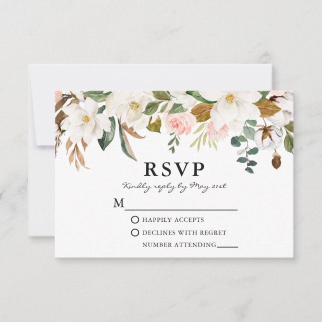 Watercolor White Magnolias Pink Roses Wedding RSVP Card (Front)