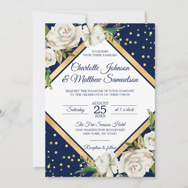 Watercolor White Navy Blue Gold Floral Wedding Invitation (Front)