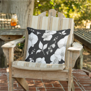 Watercolor White Orchid on Black   Cushion