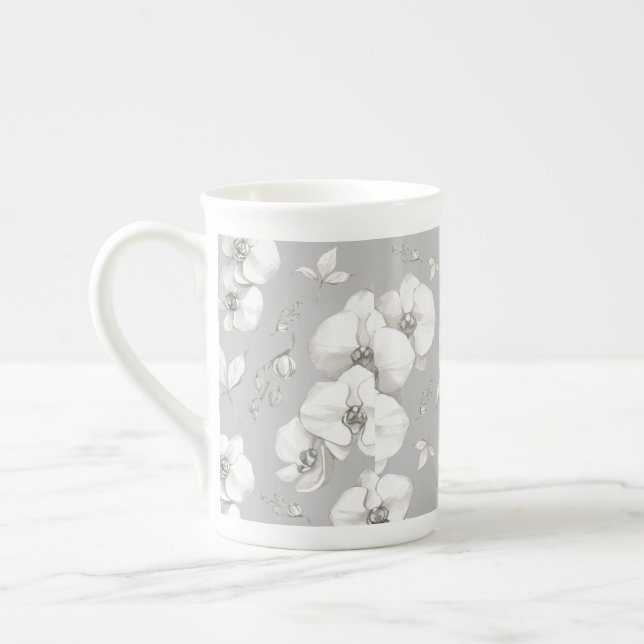Watercolor White Orchid on Grey | Bone China Mug (Left)