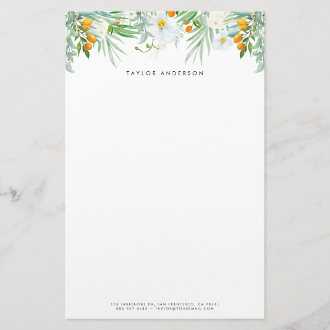 Watercolor White Orchids and Kumquats Custom Stationery (Front)