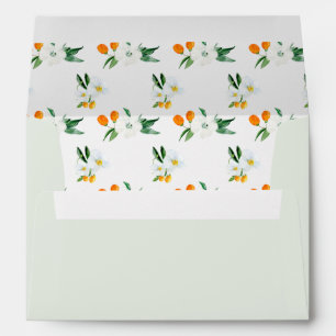 Watercolor White Orchids and Kumquats Mint Green Envelope