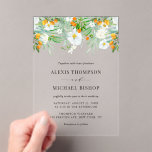 Watercolor White Orchids and Kumquats Wedding  Acrylic Invitations<br><div class="desc">Invite guests to your wedding with our customisable acrylic wedding invitation. Featuring a stunning watercolor design of white orchids and kumquats, this tropical wedding invitation combines delicate florals and vibrant citrus. Personalise by adding your wedding details. Set against a transparent acrylic backdrop, this wedding invitation artwork shines with modern sophistication,...</div>
