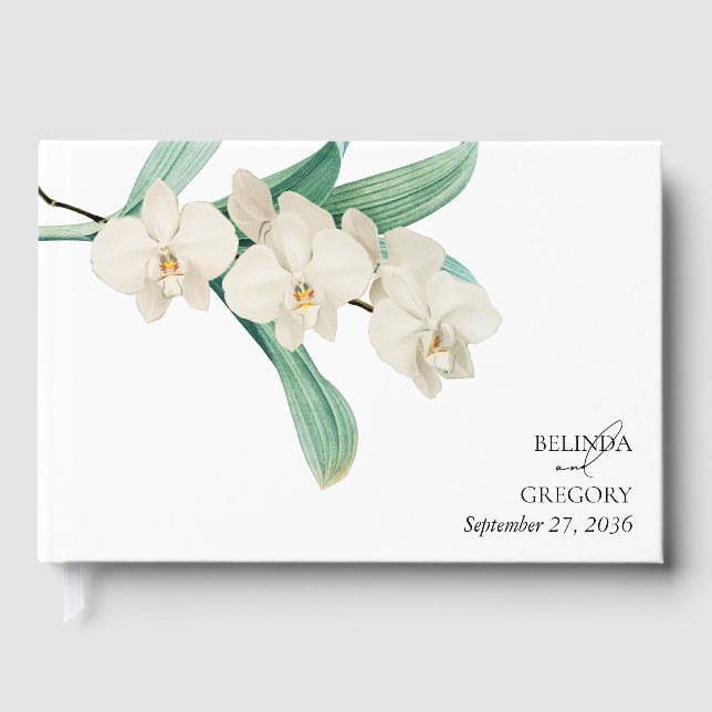 Watercolor White Orchids Floral Wedding Guest Book (Front)