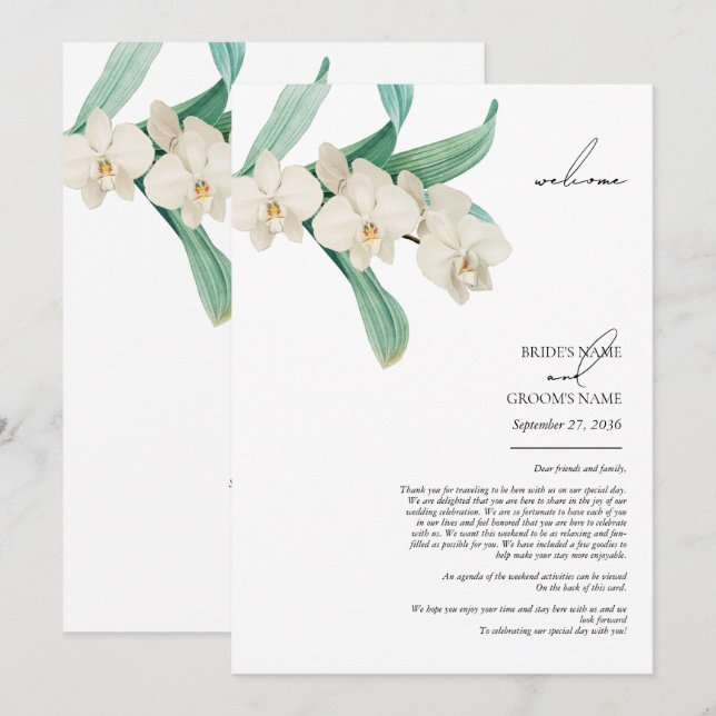 Watercolor White Orchids Floral Wedding Itinerary Programme (Front/Back)