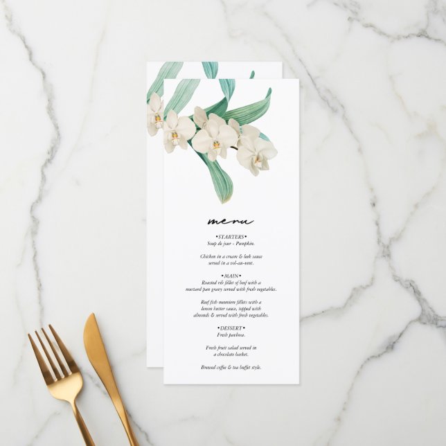 Watercolor White Orchids Floral Wedding Menu (Front/Back In Situ)