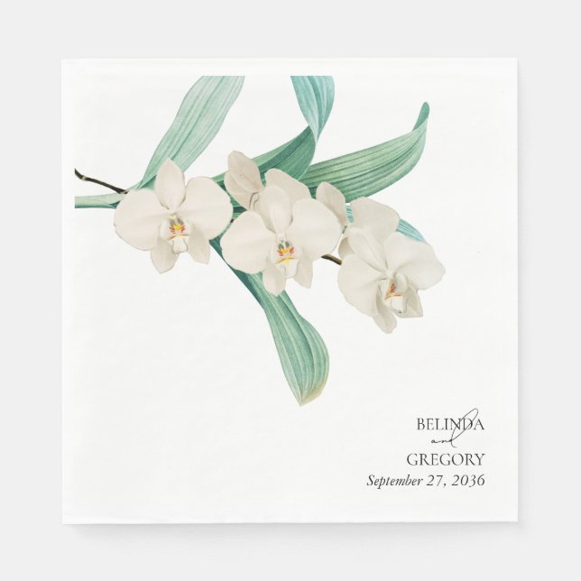 Watercolor White Orchids Floral Wedding Napkin (Front)