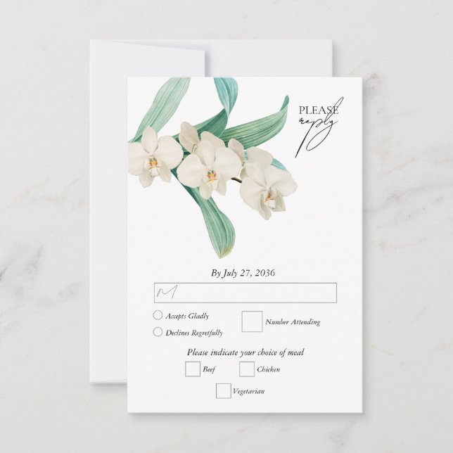 Watercolor White Orchids Floral Wedding RSVP Card (Front)