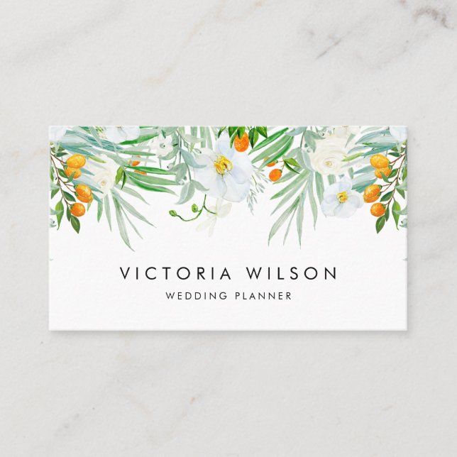 Watercolor White Orchids & Kumquats Garland Business Card (Front)
