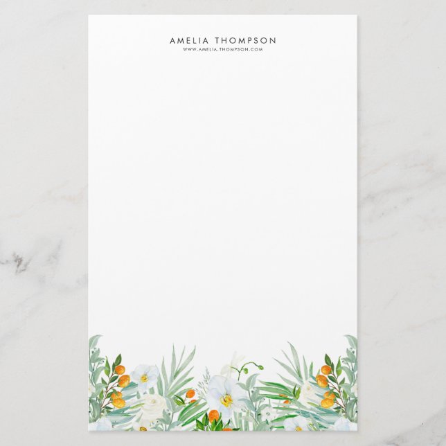 Watercolor White Orchids & Kumquats Garland Custom Stationery (Front)