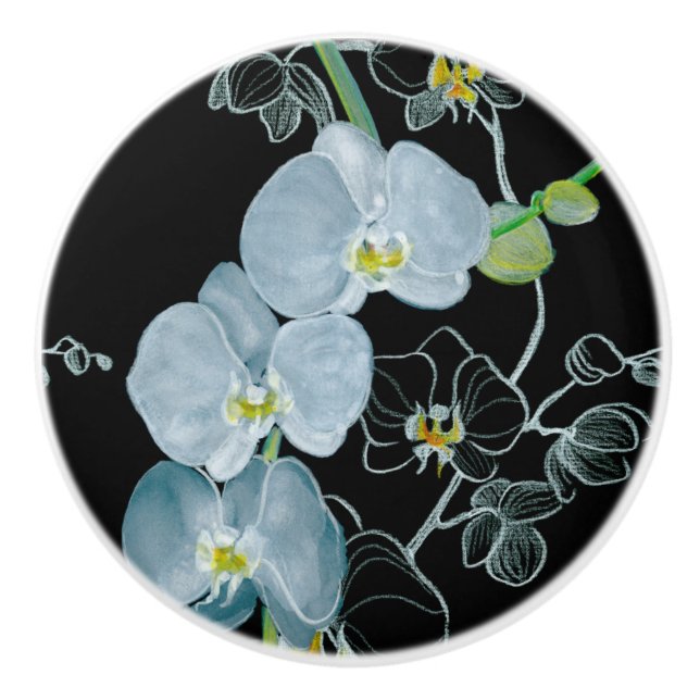 Watercolor White Orchids Pattern Ceramic Knob (Front)