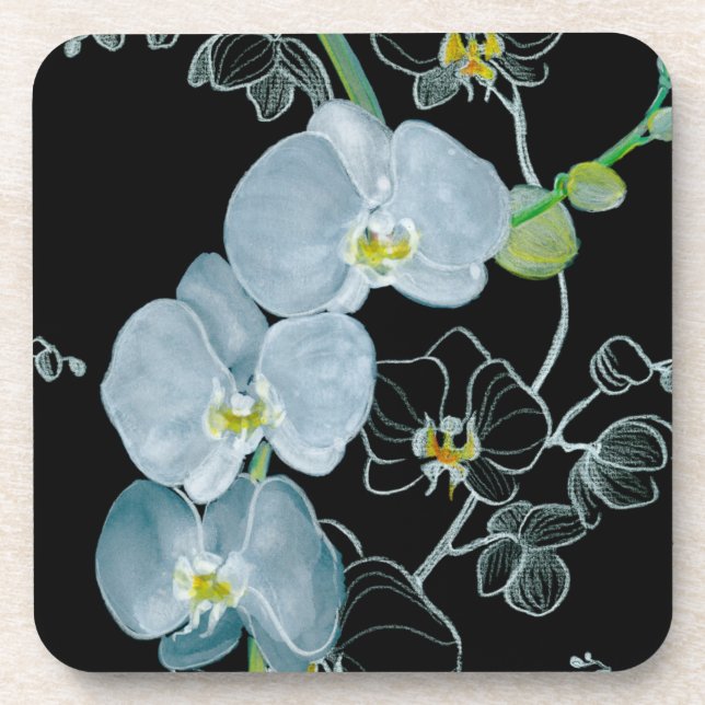 Watercolor White Orchids Pattern Coaster (Front)