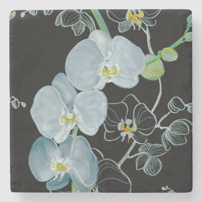Watercolor White Orchids Pattern Stone Coaster (Front)