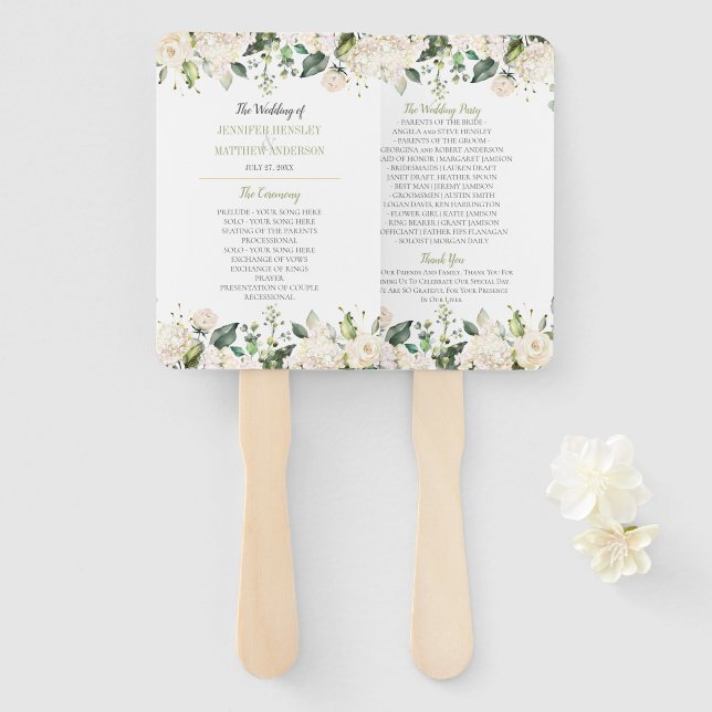 Watercolor White Peonies and Roses Frame Wedding Hand Fan (Front and Back)