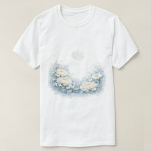 Watercolor White Peonies Crescent Moon Celestial T-Shirt