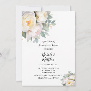 Watercolor White Peonies Engagement Party Invitation