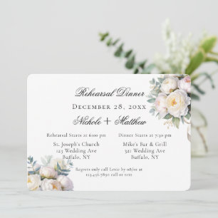 Watercolor White Peonies Wedding Rehearsal Dinner Invitation