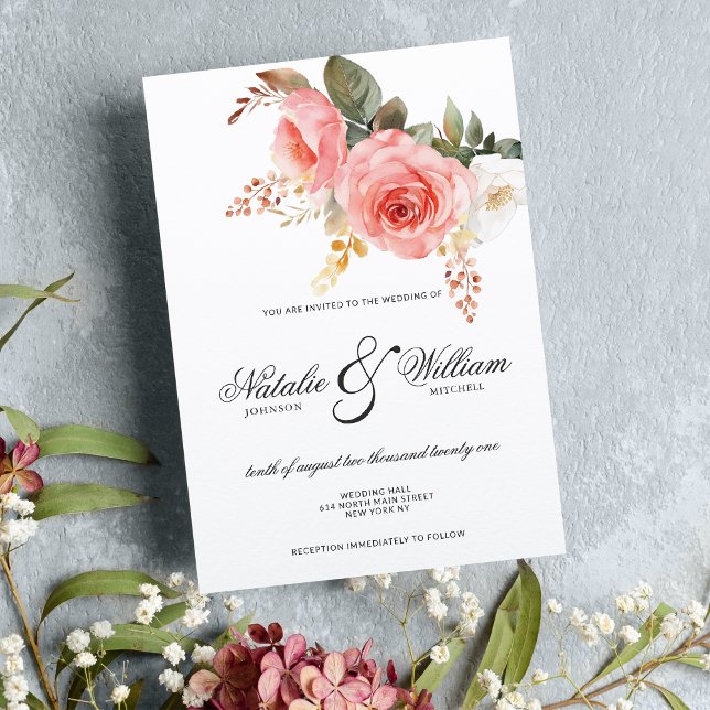 Watercolor white pink coral roses floral wedding invitation (Watercolor white pink coral roses floral wedding)
