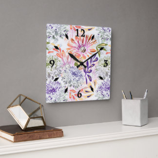 Watercolor white, pink flowers square wall clock