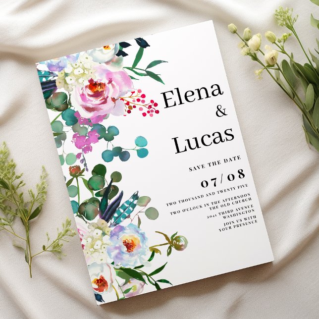 Watercolor white pink mint peony floral wedding invitation (Watercolor white pink mint peony floral wedding)