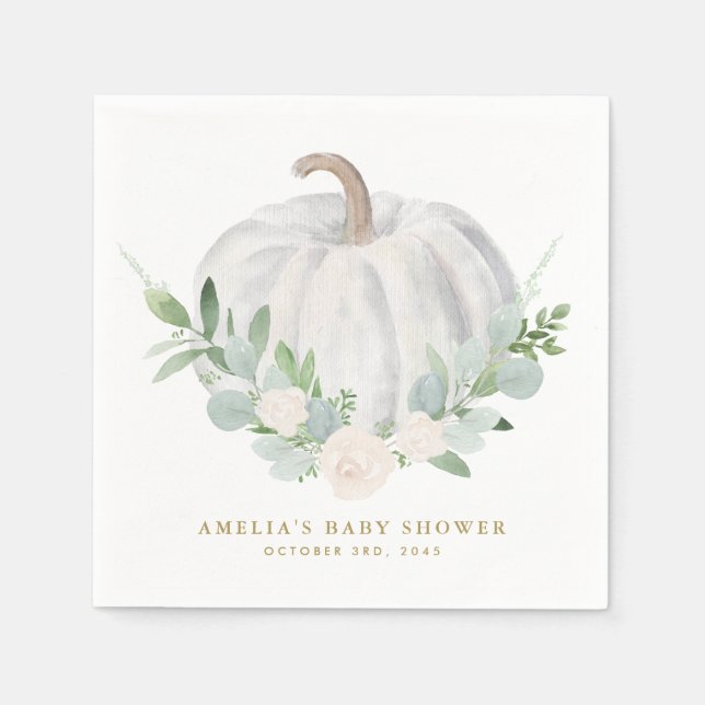 Watercolor White Pumpkin Autumn Baby Shower Napkin (Front)